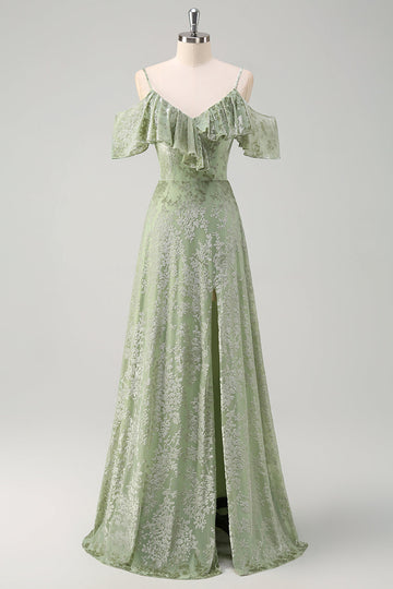 Dusty Sage A Line fløjl trykt lang brudepigekjole med slids